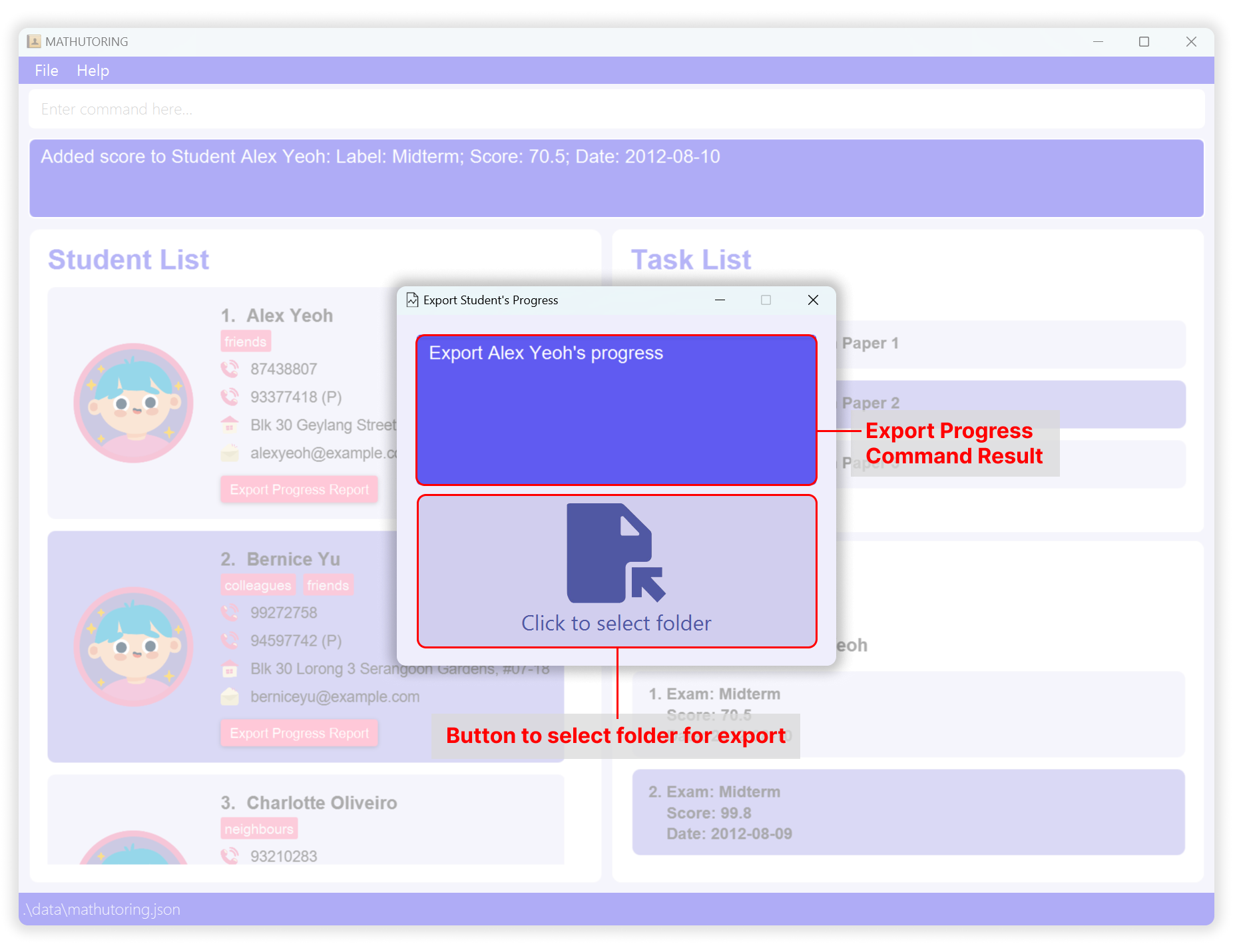 Exporting the progress of a student